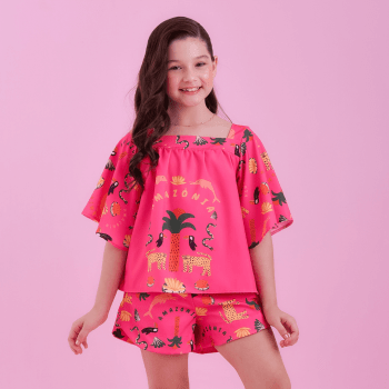 CONJUNTO INFANTIL VERÃO BRANCO MAYA ROSA COM ESTAMPA AMAZÔNIA