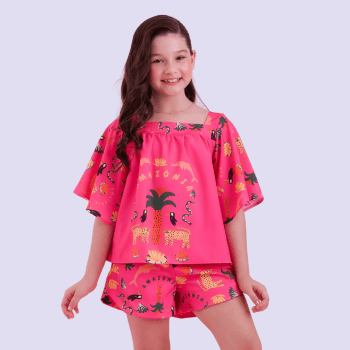 CONJUNTO INFANTIL VERÃO BRANCO MAYA ROSA COM ESTAMPA AMAZÔNIA