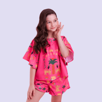 CONJUNTO INFANTIL VERÃO BRANCO MAYA ROSA COM ESTAMPA AMAZÔNIA