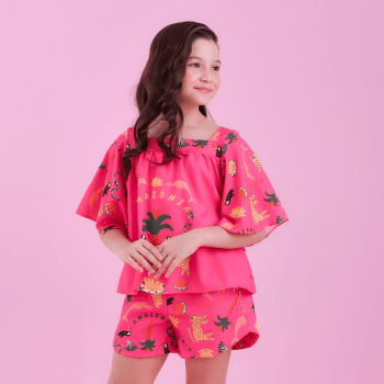 CONJUNTO INFANTIL VERÃO BRANCO MAYA ROSA COM ESTAMPA AMAZÔNIA