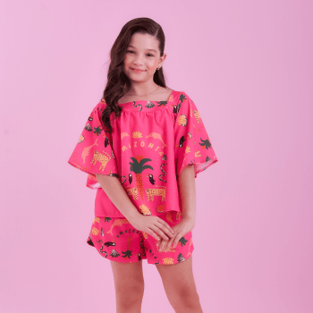 CONJUNTO INFANTIL VERÃO BRANCO MAYA ROSA COM ESTAMPA AMAZÔNIA