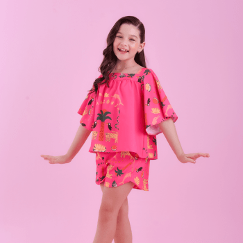 CONJUNTO INFANTIL VERÃO BRANCO MAYA ROSA COM ESTAMPA AMAZÔNIA