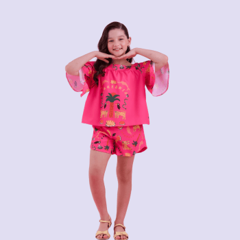 CONJUNTO INFANTIL VERÃO BRANCO MAYA ROSA COM ESTAMPA AMAZÔNIA
