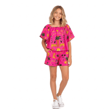 CONJUNTO INFANTIL VERÃO BRANCO MAYA ROSA COM ESTAMPA AMAZÔNIA