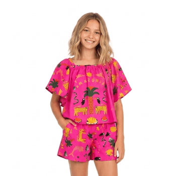 CONJUNTO INFANTIL VERÃO BRANCO MAYA ROSA COM ESTAMPA AMAZÔNIA