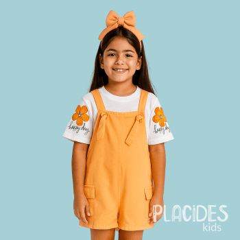JARDINEIRA INFANTIL EM SARJA COM BLUSA PRIMAVERA VERÃO LARANJA COM BORDADO HAPPY DAY
