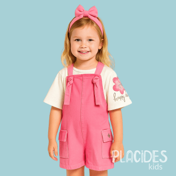 JARDINEIRA INFANTIL EM SARJA COM BLUSA PRIMAVERA VERÃO ROSA CHICLETE COM BORDADO HAPPY DAY