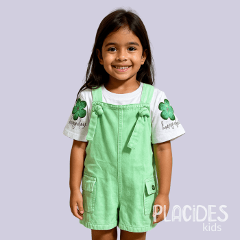 JARDINEIRA INFANTIL EM SARJA COM BLUSA PRIMAVERA VERÃO VERDE CLARO COM BORDADO HAPPY DAY