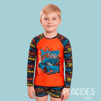 CONJUNTO INFANTIL DE CAMISETA MANGA LONGA E SUNGA CARROS SPEED VERÃO COM PROTEÇÃO UV