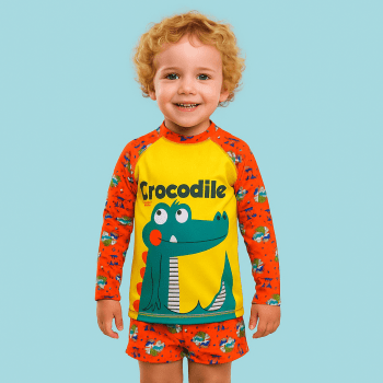 CONJUNTO INFANTIL DE CAMISETA MANGA LONGA E SUNGA CROCODILO VERÃO COM PROTEÇÃO UV