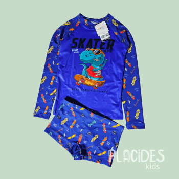 CONJUNTO INFANTIL DE CAMISETA MANGA LONGA E SUNGA DINOSSAURO DE SKATE VERÃO COM PROTEÇÃO UV