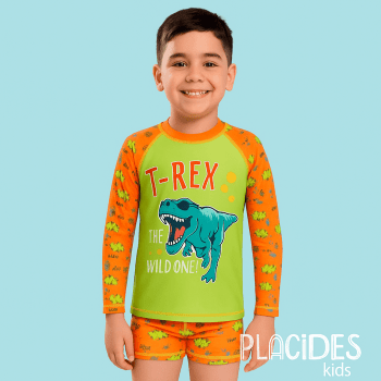 CONJUNTO INFANTIL DE CAMISETA MANGA LONGA E SUNGA T-REX VERÃO COM PROTEÇÃO UV