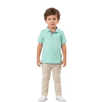 CONJUNTO INFANTIL OGOCHI CALÇA E CAMISA GOLA POLO SLIM VERDE PETROLEO LISA
