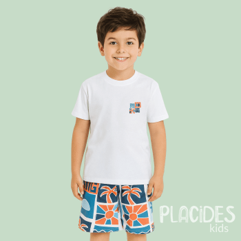 CONJUNTO INFANTIL VERÃO BRANCO COM AZUL E LARANJA E ESTAMPA DE COQUEIROS LETS GO SURF