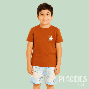 CONJUNTO INFANTIL VERÃO CARAMELO COM BRANCO E AZUL E ESTAMPA DE FOLHAGEM