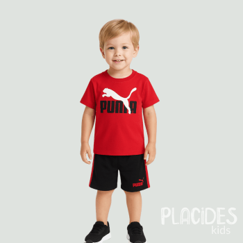 CONJUNTO INFANTIL VERÃO ESPORTIVO PUMA PRETO COM VERMELHO
