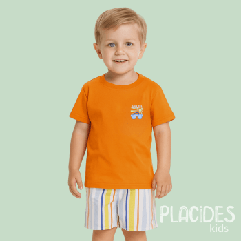 CONJUNTO INFANTIL VERÃO LARANJA COM ESTAMPA DE LISTRAS COLORIDAS