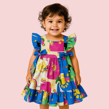 VESTIDO INFANTIL ALFAIATARIA LUXO ISABELLA ESTAMPA BRINCANDO COM AS FORMAS ANIMAIS TROPICAIS