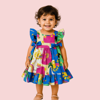 VESTIDO INFANTIL ALFAIATARIA LUXO ISABELLA ESTAMPA BRINCANDO COM AS FORMAS ANIMAIS TROPICAIS