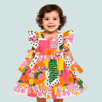 VESTIDO INFANTIL ALFAIATARIA LUXO ISABELLA ESTAMPA BRINCANDO COM AS FORMAS FRUTAS TROPICAIS