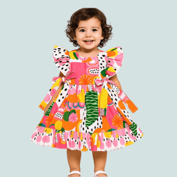 VESTIDO INFANTIL ALFAIATARIA LUXO ISABELLA ESTAMPA BRINCANDO COM AS FORMAS FRUTAS TROPICAIS