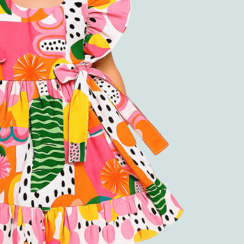 VESTIDO INFANTIL ALFAIATARIA LUXO ISABELLA ESTAMPA BRINCANDO COM AS FORMAS FRUTAS TROPICAIS