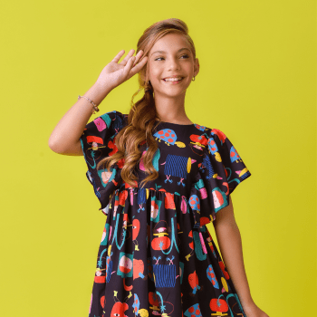 VESTIDO INFANTIL CHARLOTE FUNDO PRETO E ESTAMPA LUDICA