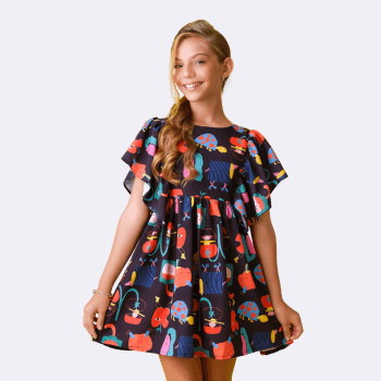 VESTIDO INFANTIL CHARLOTE FUNDO PRETO E ESTAMPA LUDICA