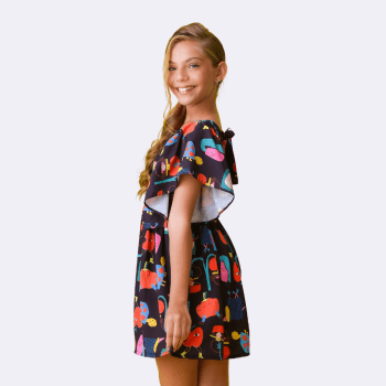 VESTIDO INFANTIL CHARLOTE FUNDO PRETO E ESTAMPA LUDICA