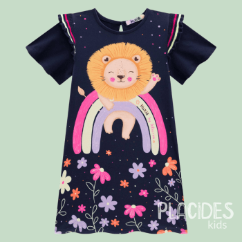 VESTIDO INFANTIL KUKIE PRIMAVERA VERÃO LEÃOZINHO ARCO IRIS ALECRIM