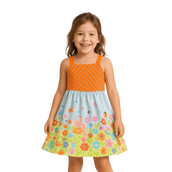 VESTIDO INFANTIL KUKIE VERÃO JARDIM LARANJA EM TRICOT E MALHA