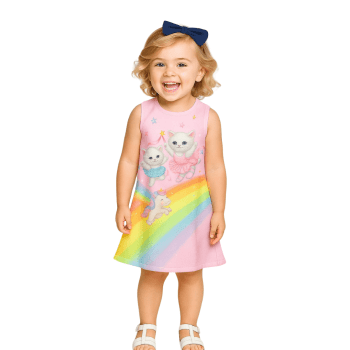 VESTIDO INFANTIL KUKIE VERÃO REGATA ARCO IRIS UNICORNIO E GATINHAS