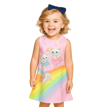 VESTIDO INFANTIL KUKIE VERÃO REGATA ARCO IRIS UNICORNIO E GATINHAS
