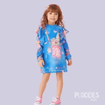 VESTIDO INFANTIL MALAGAH INVERNO MANGA LONGA AZUL HAVE FUN