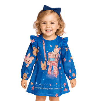 VESTIDO INFANTIL MALAGAH INVERNO MANGA LONGA AZUL HAVE FUN