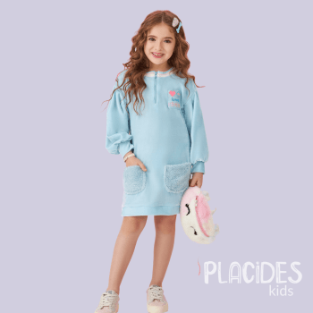 VESTIDO INFANTIL MALAGAH INVERNO MANGA LONGA AZUL PLUSH COM BOLSO EM SHERPA