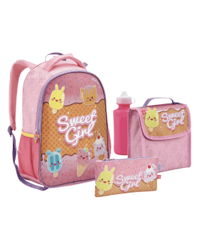 KIT ESCOLAR 5 PEÇAS SEANITE COM MOCHILA, LANCHEIRA, ESTOJO E GARRAFINHA SWEET GIRL SORVETE