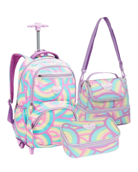KIT INFANTIL JUVENIL MOCHILA DE RODINHAS LANCHEIRA E ESTOJO ESCOLAR JUST LOVE MULTICOLORIDO DENLEX