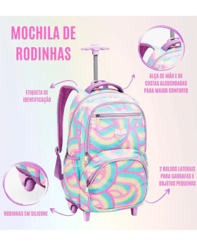 KIT INFANTIL JUVENIL MOCHILA DE RODINHAS LANCHEIRA E ESTOJO ESCOLAR JUST LOVE MULTICOLORIDO DENLEX