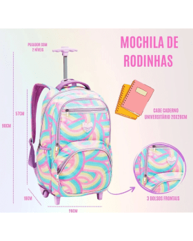 KIT INFANTIL JUVENIL MOCHILA DE RODINHAS LANCHEIRA E ESTOJO ESCOLAR JUST LOVE MULTICOLORIDO DENLEX