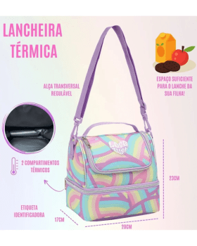 KIT INFANTIL JUVENIL MOCHILA DE RODINHAS LANCHEIRA E ESTOJO ESCOLAR JUST LOVE MULTICOLORIDO DENLEX