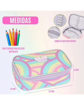 KIT INFANTIL JUVENIL MOCHILA DE RODINHAS LANCHEIRA E ESTOJO ESCOLAR JUST LOVE MULTICOLORIDO DENLEX