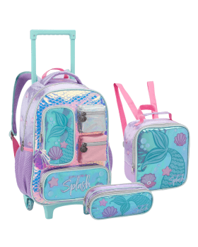 KIT INFANTIL MOCHILA DE RODINHAS LANCHEIRA E ESTOJO ESCOLAR SPLASH SEREIA SEANITE