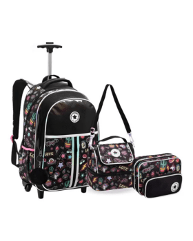 KIT JUVENIL MOCHILA DE RODINHAS LANCHEIRA E ESTOJO ESCOLAR LOVE PRETO DENLEX