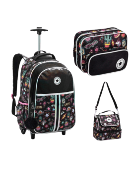 KIT JUVENIL MOCHILA DE RODINHAS LANCHEIRA E ESTOJO ESCOLAR LOVE PRETO DENLEX