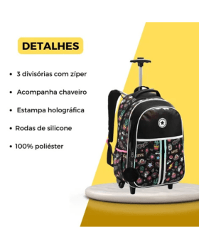 KIT JUVENIL MOCHILA DE RODINHAS LANCHEIRA E ESTOJO ESCOLAR LOVE PRETO DENLEX