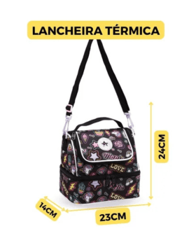 KIT JUVENIL MOCHILA DE RODINHAS LANCHEIRA E ESTOJO ESCOLAR LOVE PRETO DENLEX