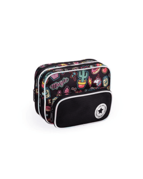 KIT JUVENIL MOCHILA DE RODINHAS LANCHEIRA E ESTOJO ESCOLAR LOVE PRETO DENLEX