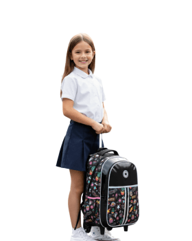 KIT JUVENIL MOCHILA DE RODINHAS LANCHEIRA E ESTOJO ESCOLAR LOVE PRETO DENLEX