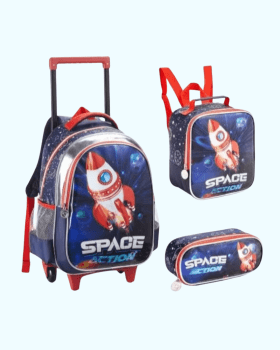 KIT MOCHILA DE RODINHAS LANCHEIRA E ESTOJO ESCOLAR FOGUETE DENLEX 